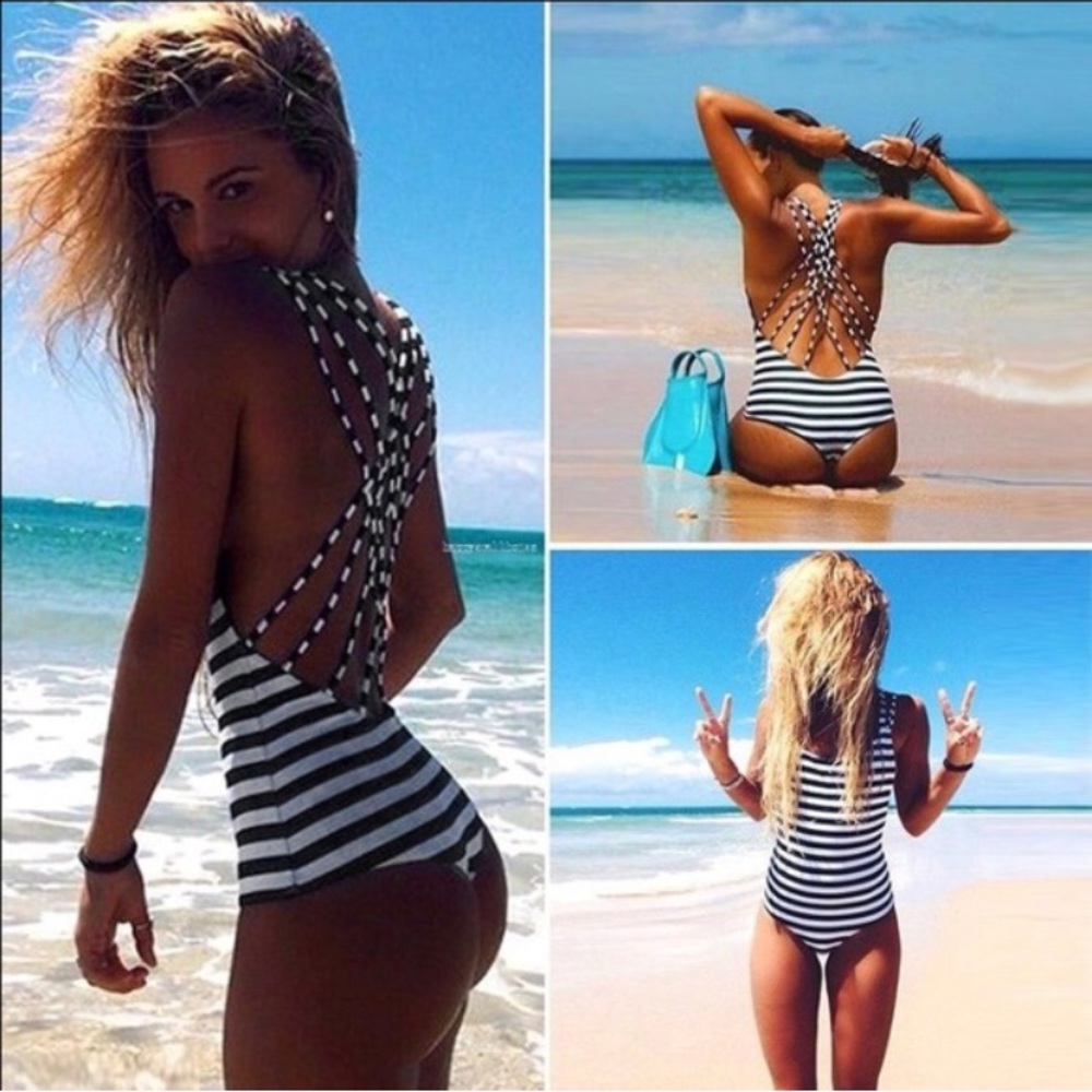 Striped one piece swim suit